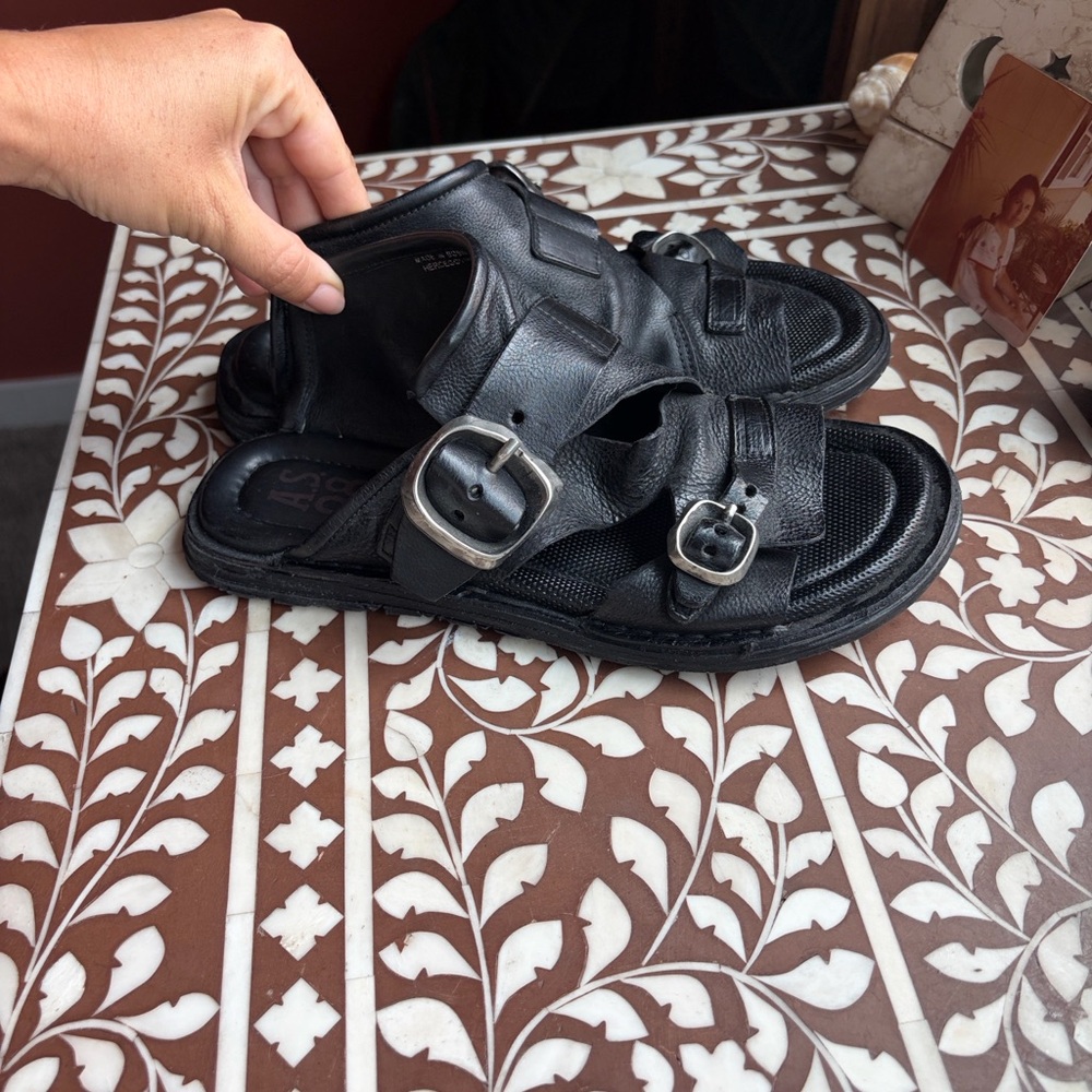 A.S.98 Black Leather Buckle Sandals for Women